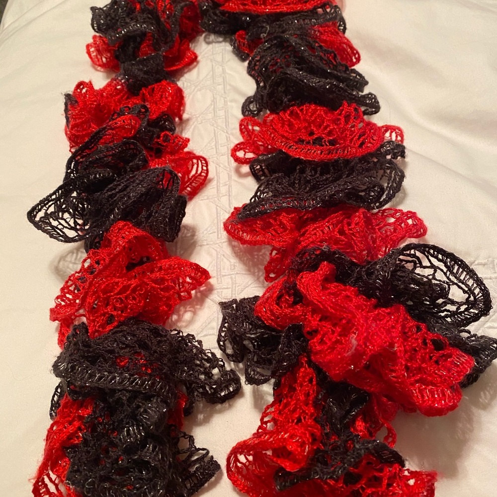 Handmade Black & Red Scarf w/ Silver Thread